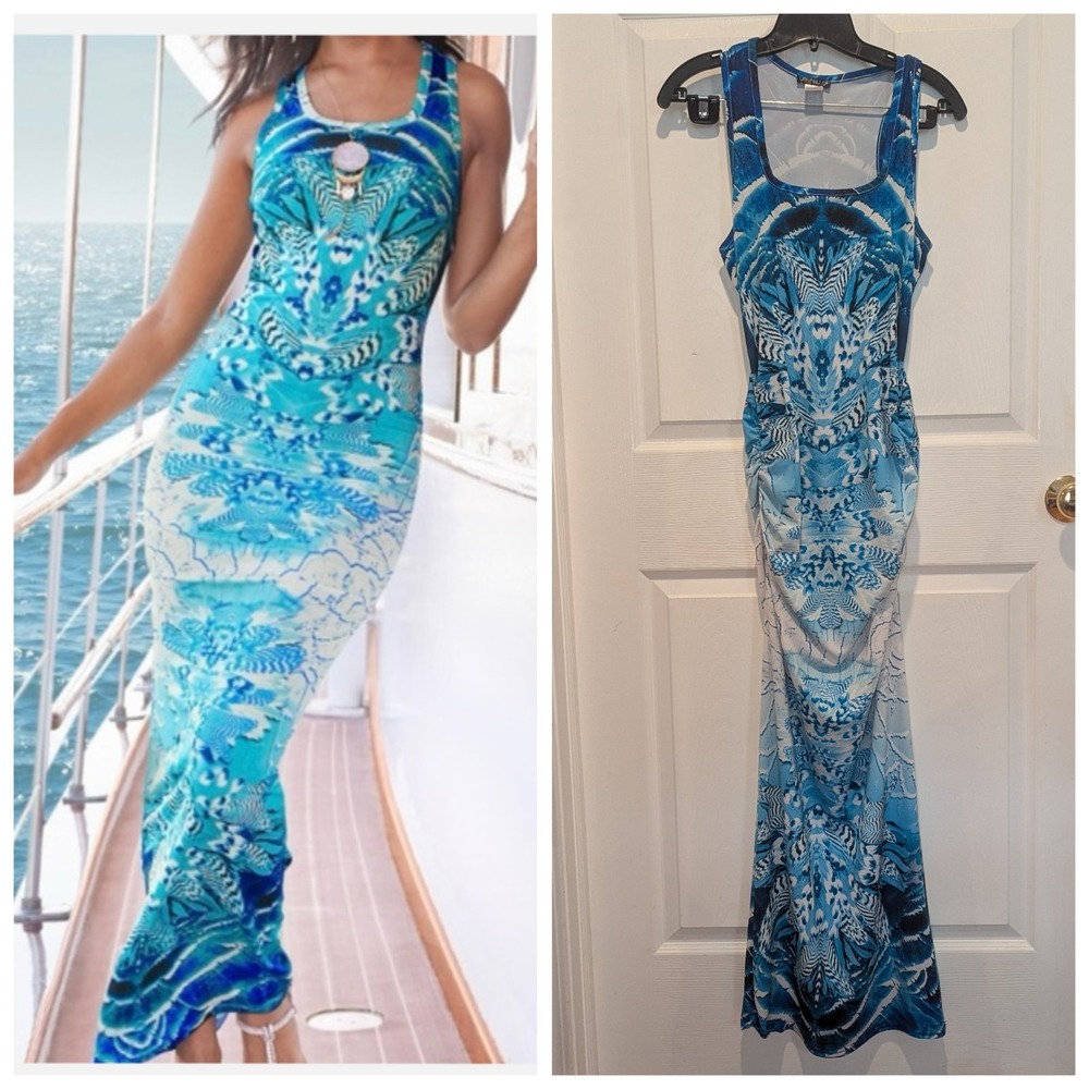 Resort Maxi Dress Blue Ocean Print Bodycon Mermaid Venus Size Small